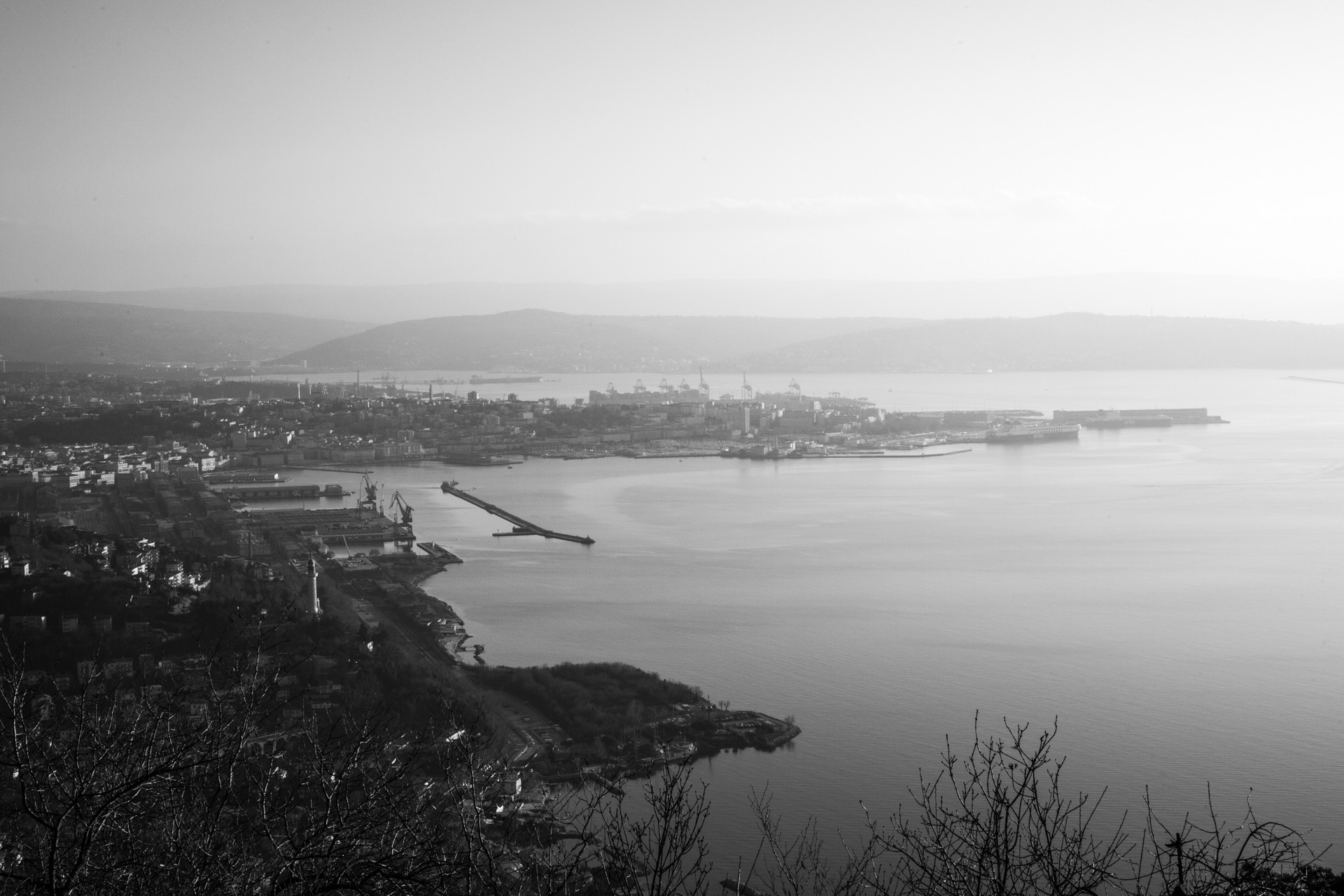 Panoramic view of an Italian port city, black and white