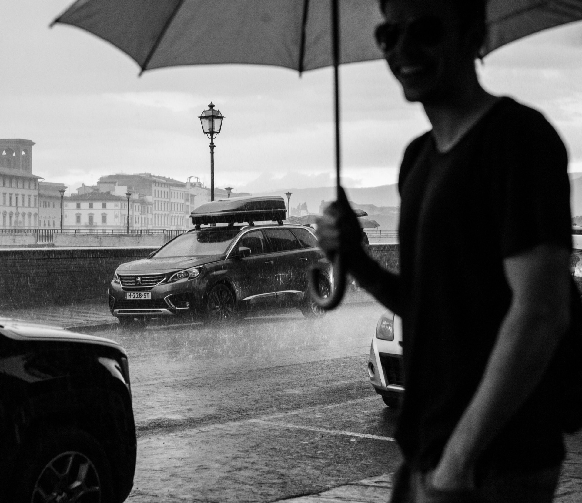 Rainy street in Florence, black and white