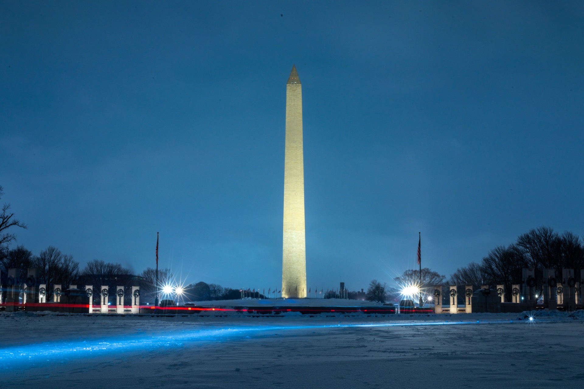 Washington Monument at night in winter, Washington DC